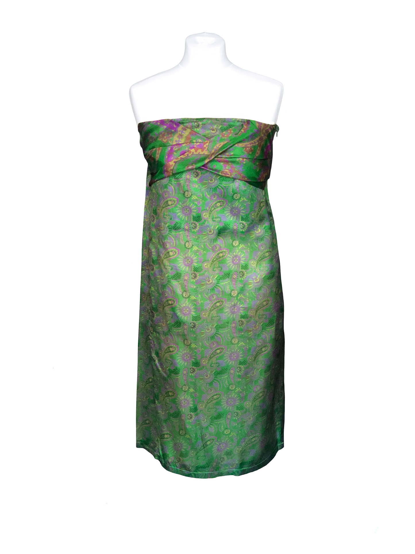 Gaïa green strapless dress with yellow-purple prints