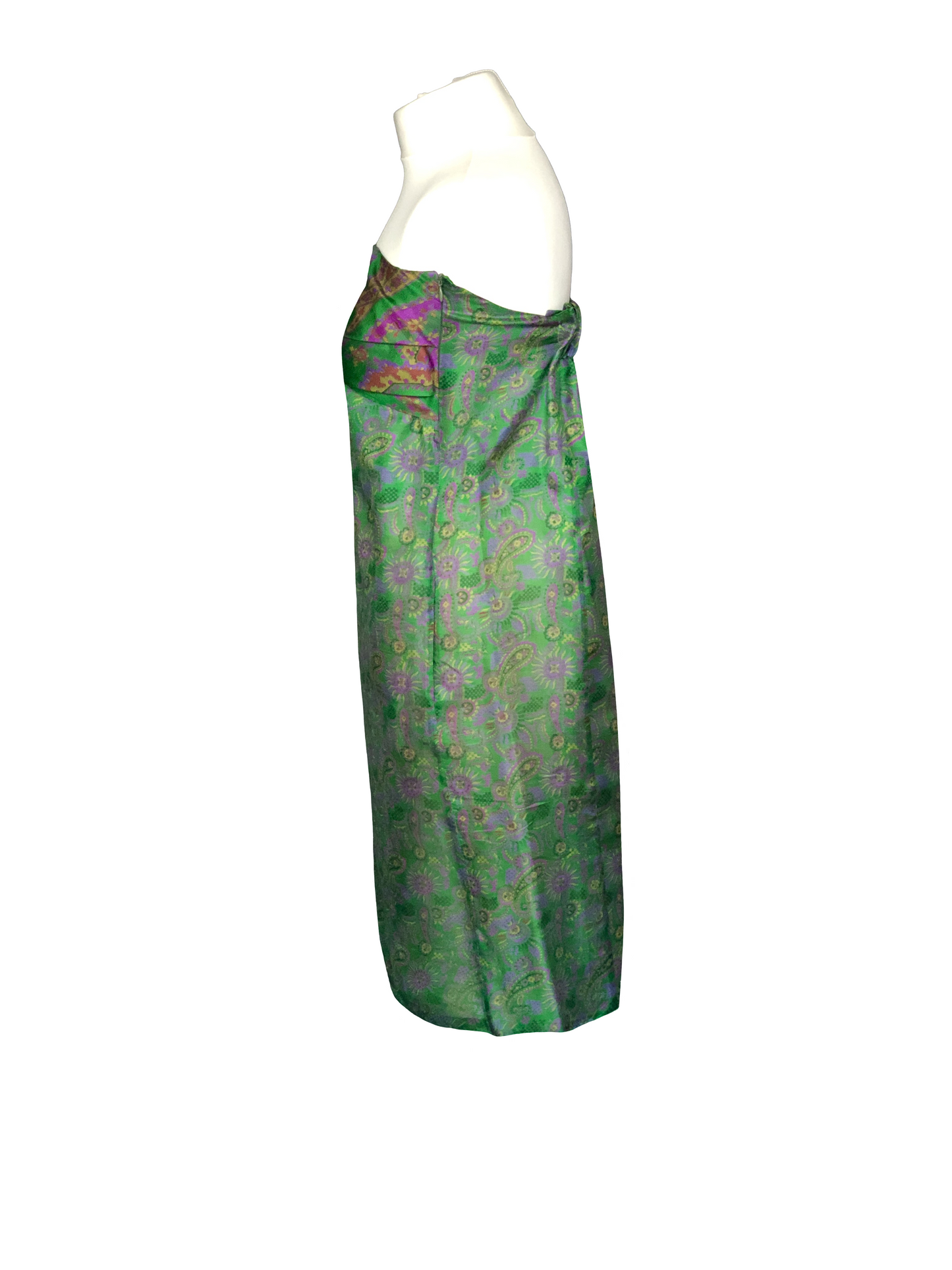 Gaïa green strapless dress with yellow-purple prints