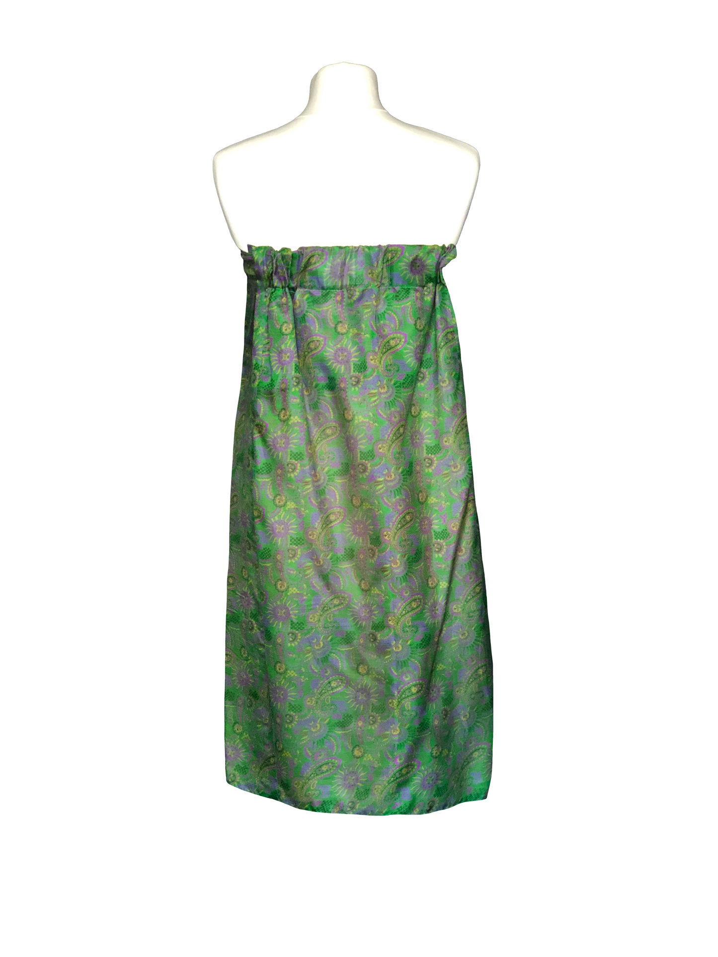 Gaïa green strapless dress with yellow-purple prints