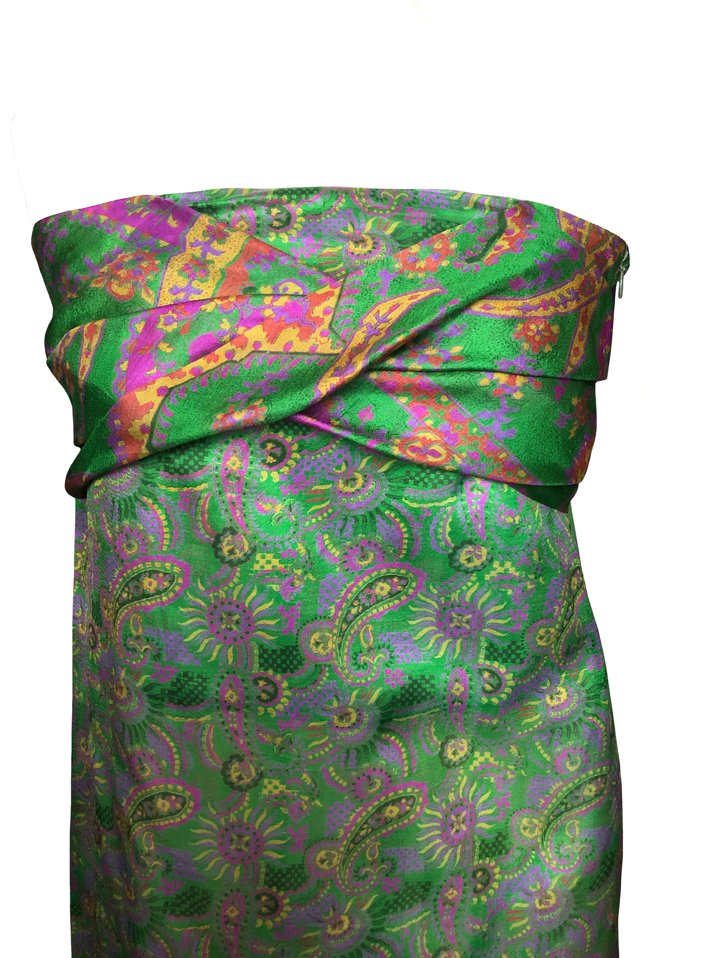 Gaïa green strapless dress with yellow-purple prints