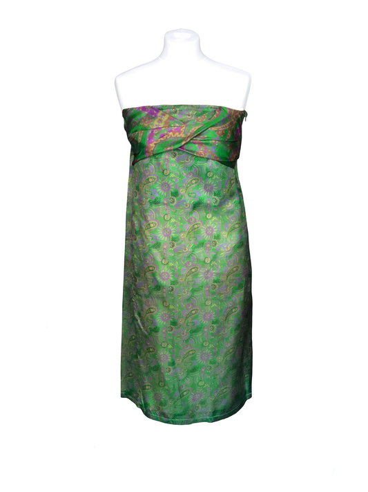 Gaïa green strapless dress with yellow-purple prints