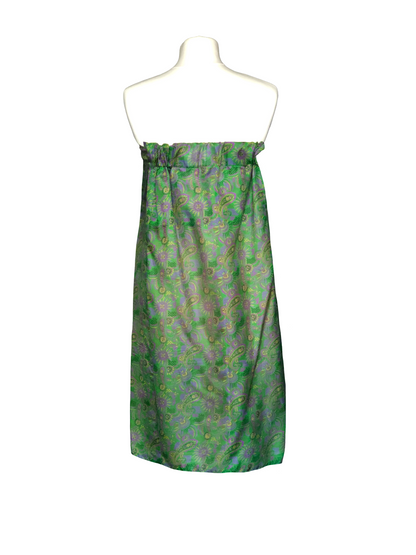 Gaïa green strapless dress with yellow-purple prints