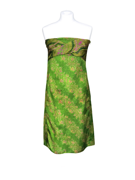 Gaïa green strapless dress with yellow pink prints
